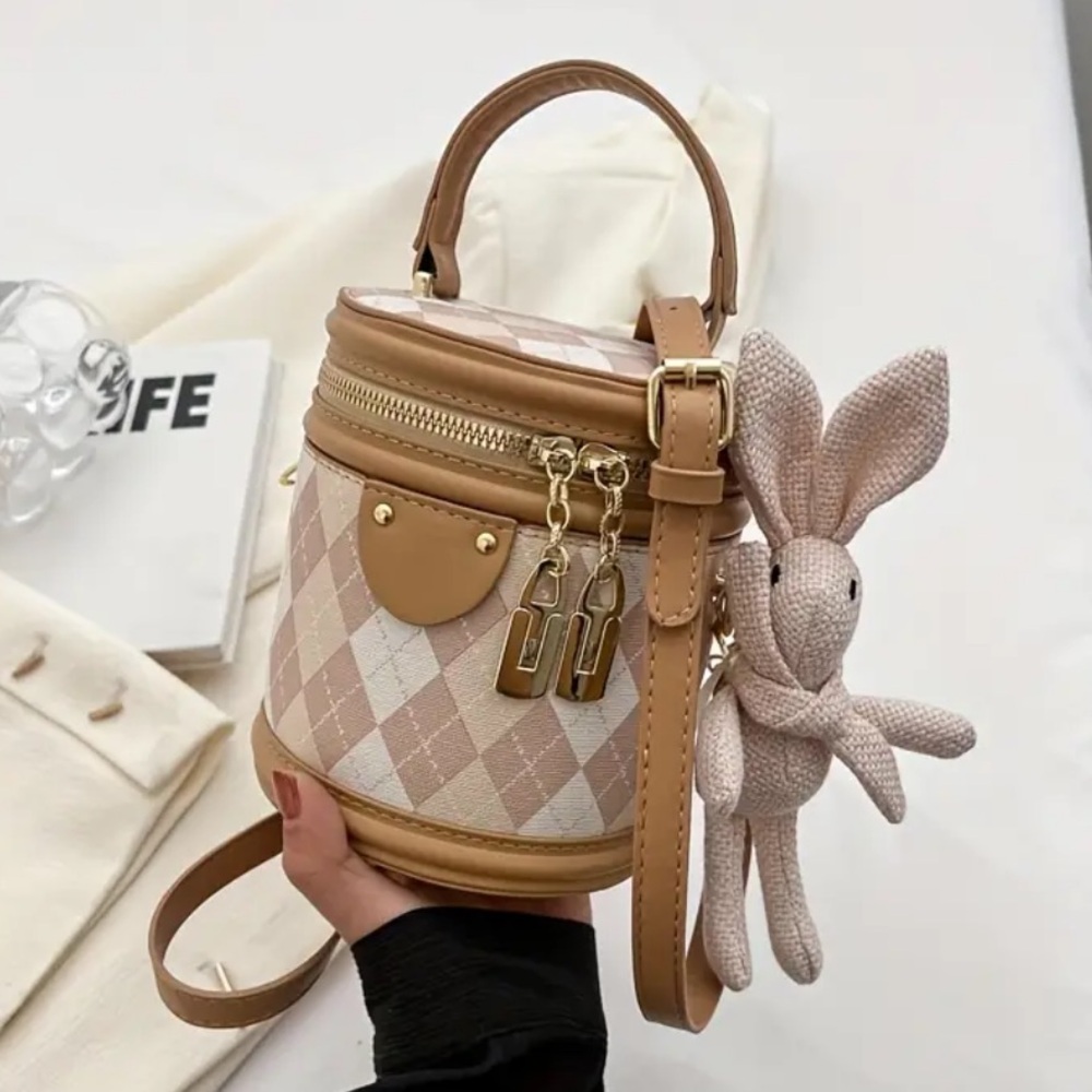 Chic Argyle Bucket Bag w/ Cute Matching Bunny Charm & Adjustable Strap - Khaki